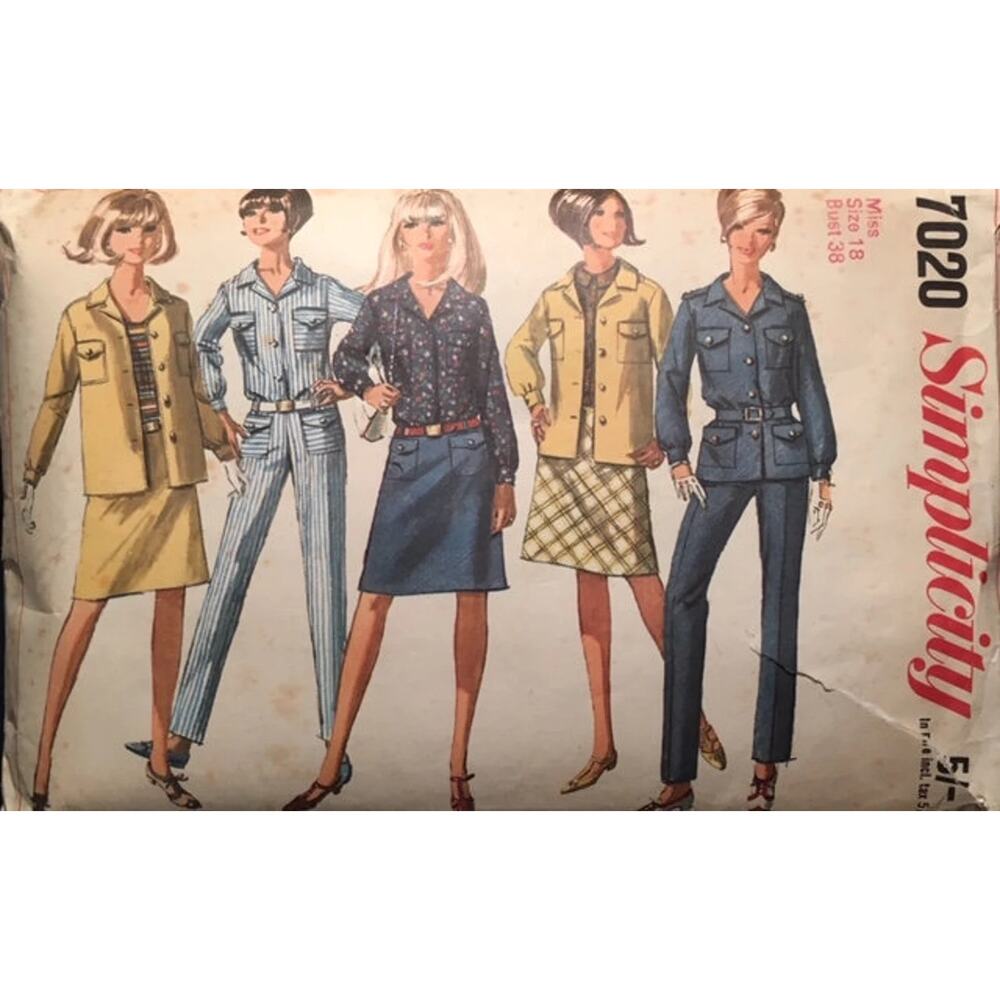 UNCUT Vintage 1960s Simplicity 7020 Sewing Pattern XS 12 Shirt Jacket Pant Skirt
